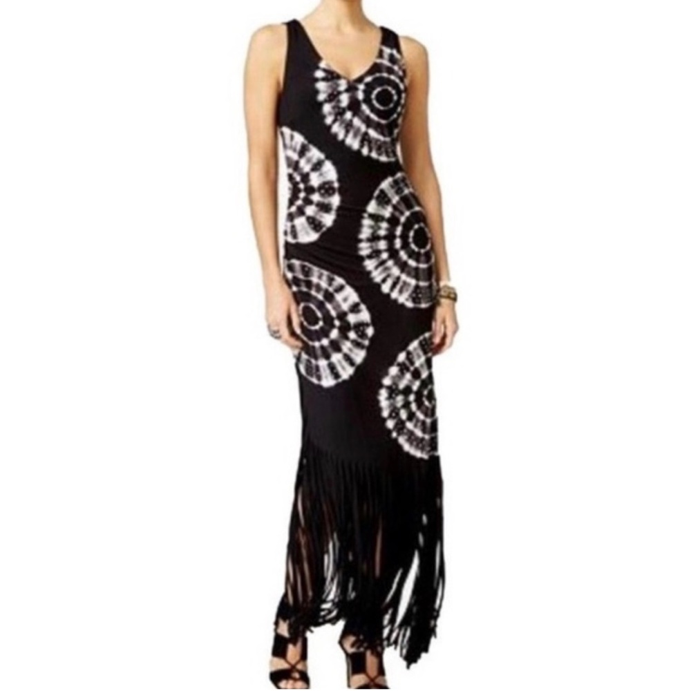 INC Blk/Wht Tye Dyed Maxi Dress W/Silver Studs and Asymmetrical Fringe Hem -Sz 2